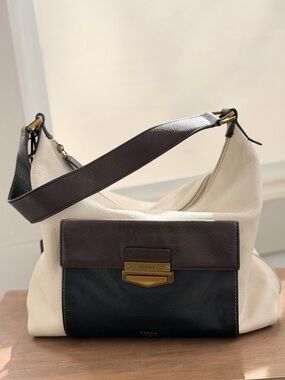 Fossil Tri-Color Leather Shoulder Hobo — Ivory, Black, Dark Brown